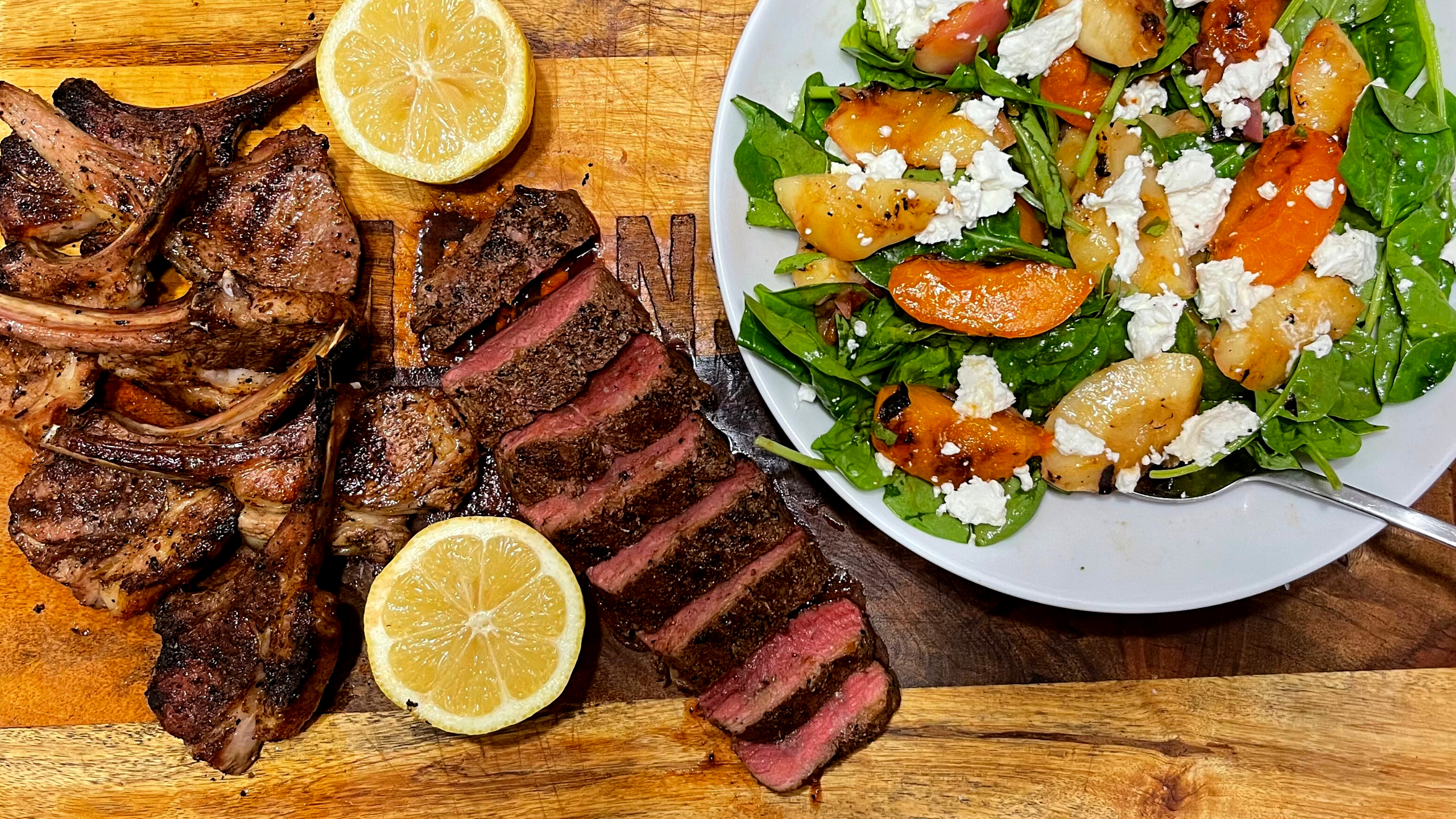 Grilled Stone Fruit Salad with Lamb Backstrap and Cutlets