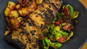 Short Rib, Smashed Potato, Brussels Sprout and Pepper Sauce