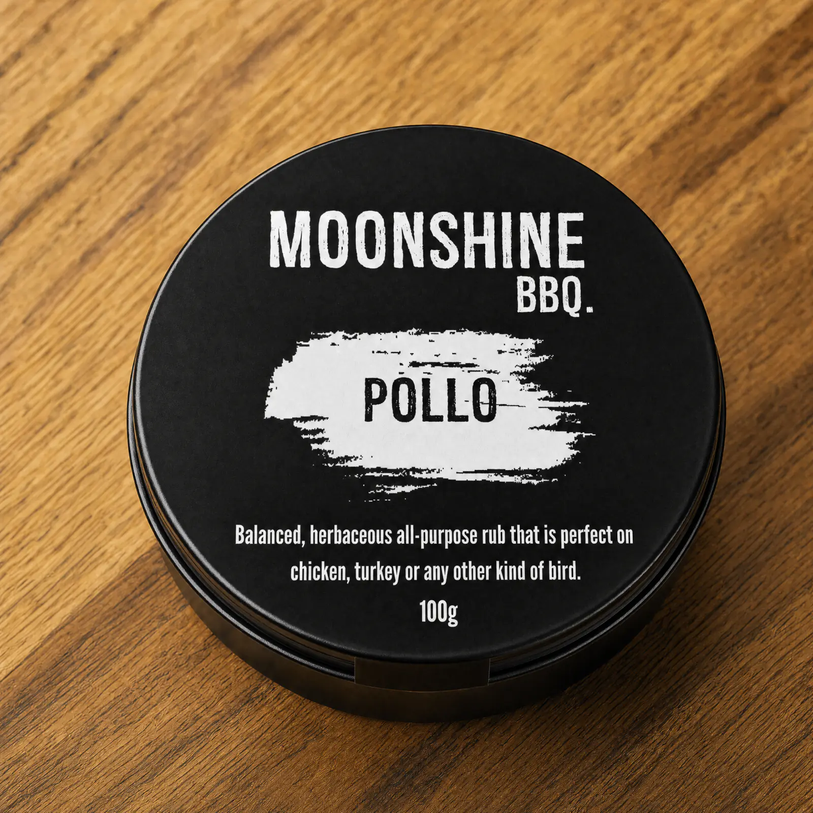 Moonshine BBQ Pollo Rub 100g tin with label